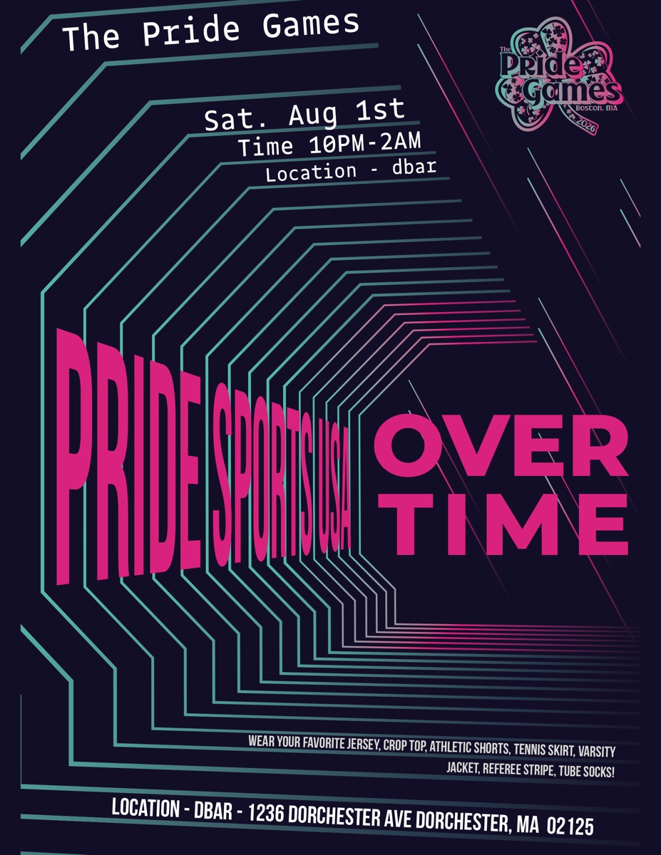Overtime party flyer &mdash; Saturday, August 1 at dbar, 1236 Dorchester Ave, Dorchester, MA, 10PM to 2AM. Wear your favorite jersey, crop top, athletic shorts, Tennis skirt, varsity jacket, referee stripe, or tube socks.